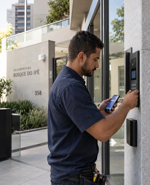 Técnico usando o FacilitaOS no celular durante um atendimento