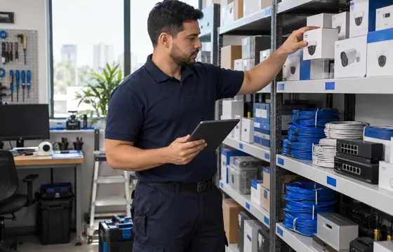 Técnico conferindo cabos e equipamentos de rede no estoque
