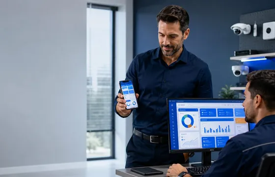 Gestor e técnico acompanhando indicadores com câmeras de segurança ao fundo